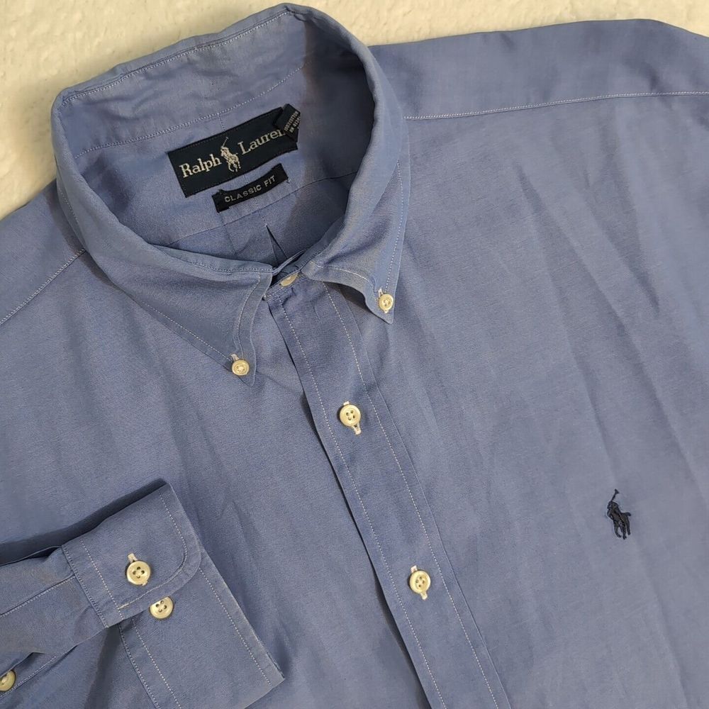 Ralph Lauren Classic Fit Button Down Men's 17 Solid Blue‎ Pony Long Sleeve EUC